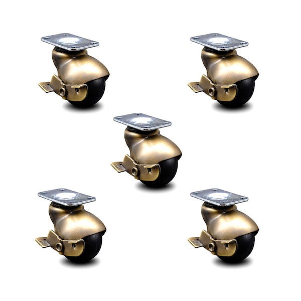 2 Inch Antique Brass Hooded Top Plate Ball Casters with Brakes SCC, 5PK